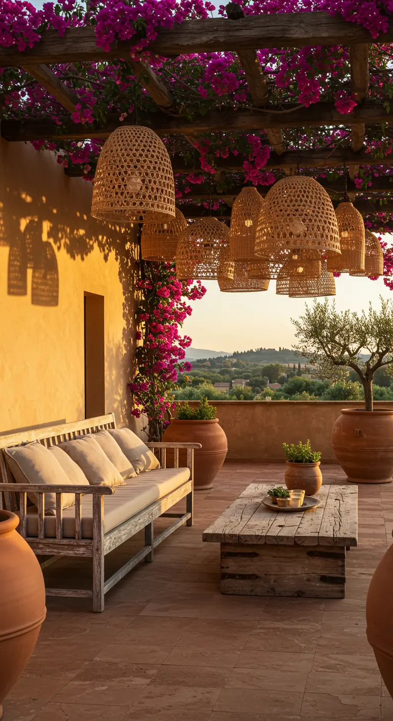 Rustic teak bench under a bougainvillea-covered pergola with wicker lanterns.