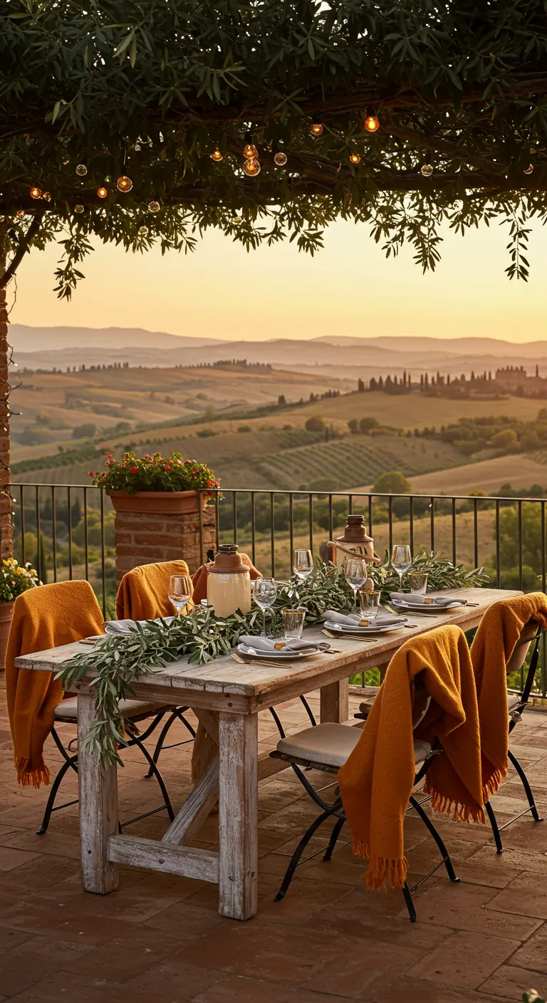 A rustic table on a terrace overlooking rolling hills at sunset, with an olive garland and yellow throws.