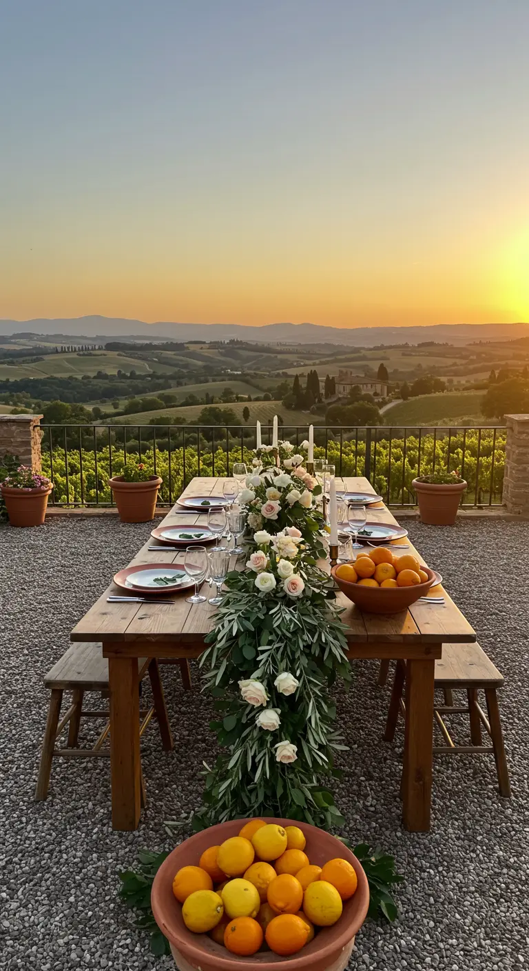 A rustic wooden table at sunset with a garland of eucalyptus, white roses, and oranges.