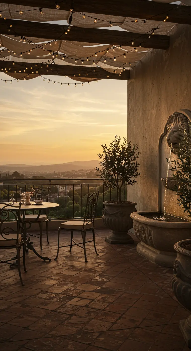 A Mediterranean-style terrace with a lion fountain, terracotta tiles, and string lights at sunset.