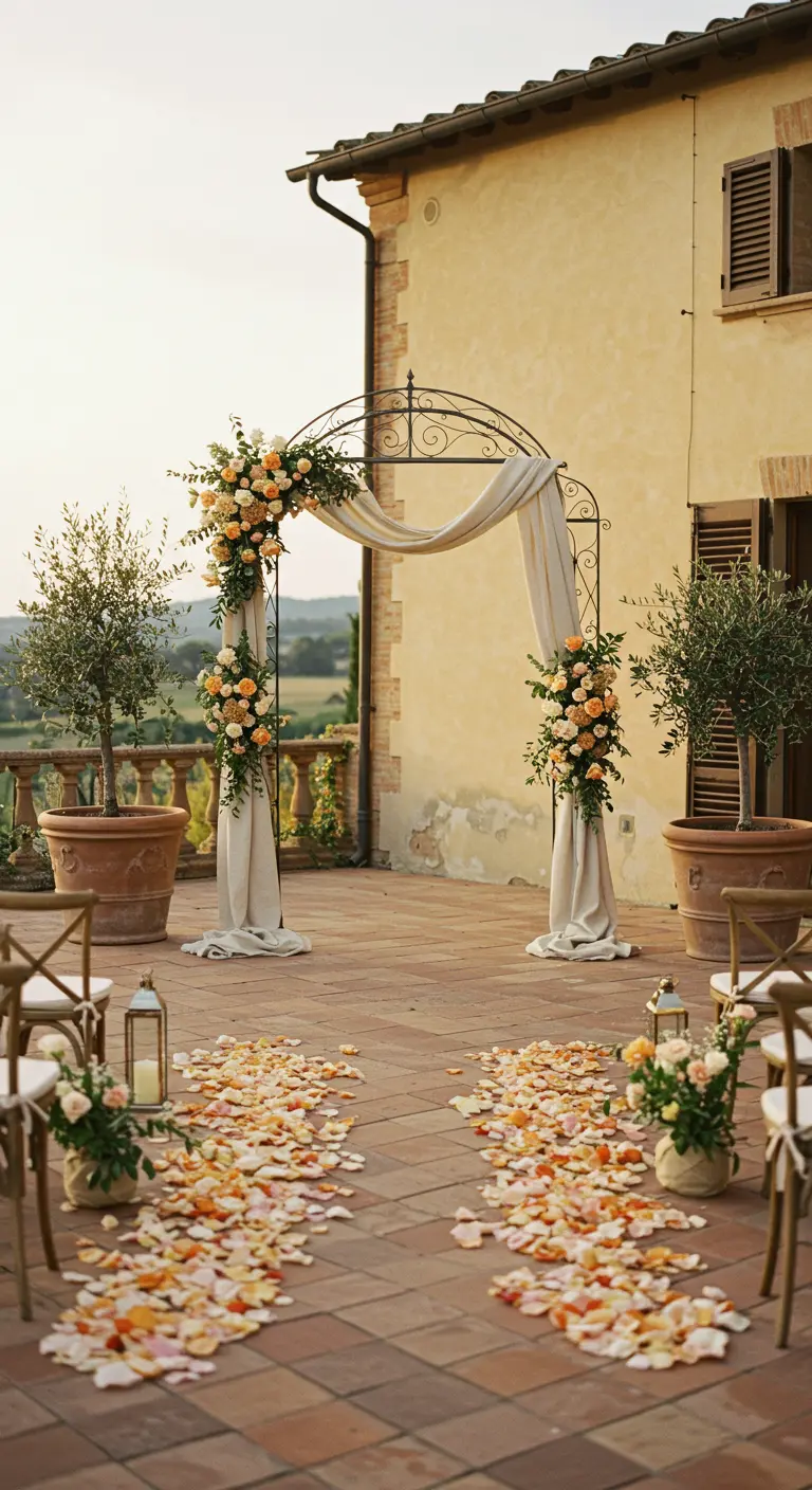 Wrought-iron wedding arch on a Tuscan terrace with peach and cream floral arrangements.