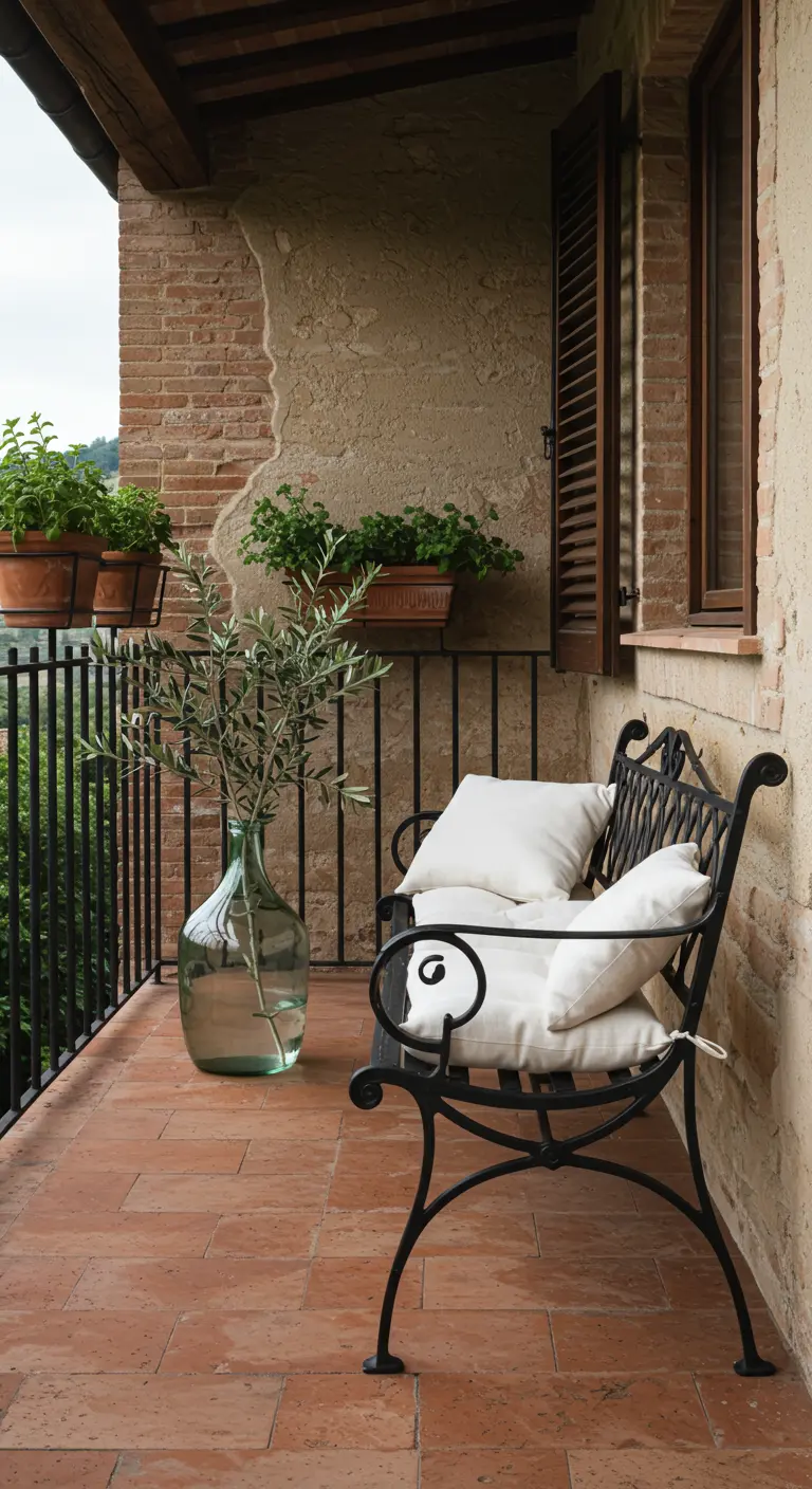 Black metal bench with white cushions next to olive branches in a large glass bottle.