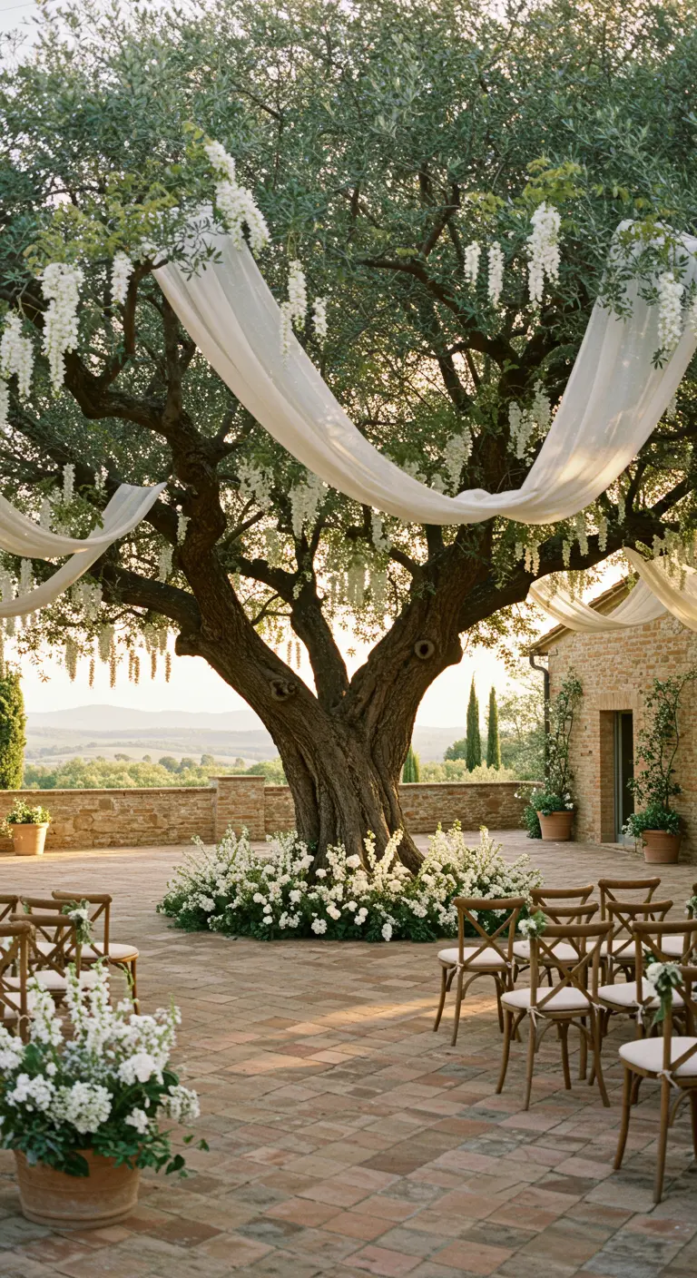 Olive tree draped with white fabric and wisteria for a wedding ceremony.