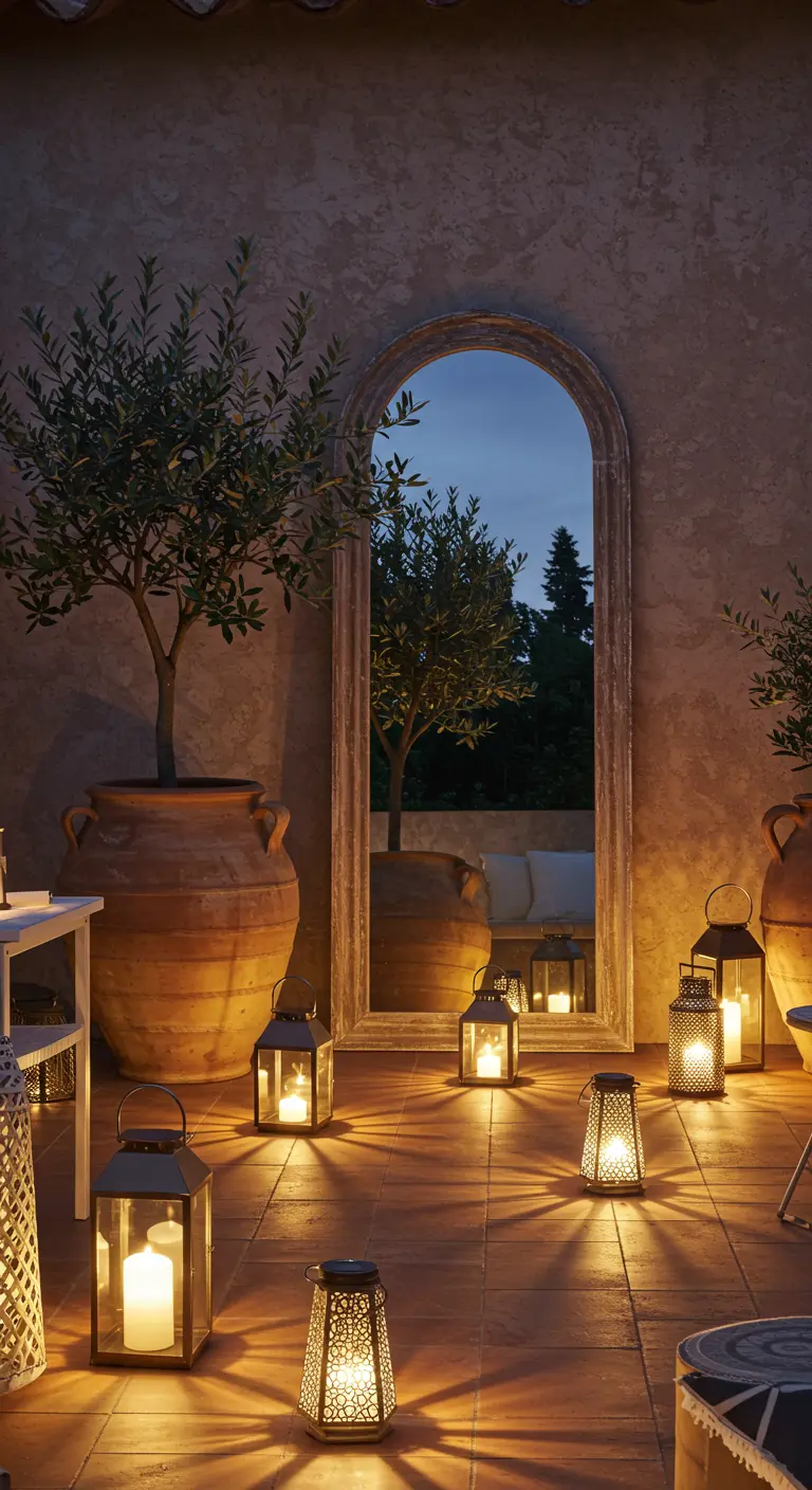 A terracotta patio at night with an arched mirror, an olive tree, and scattered lanterns.