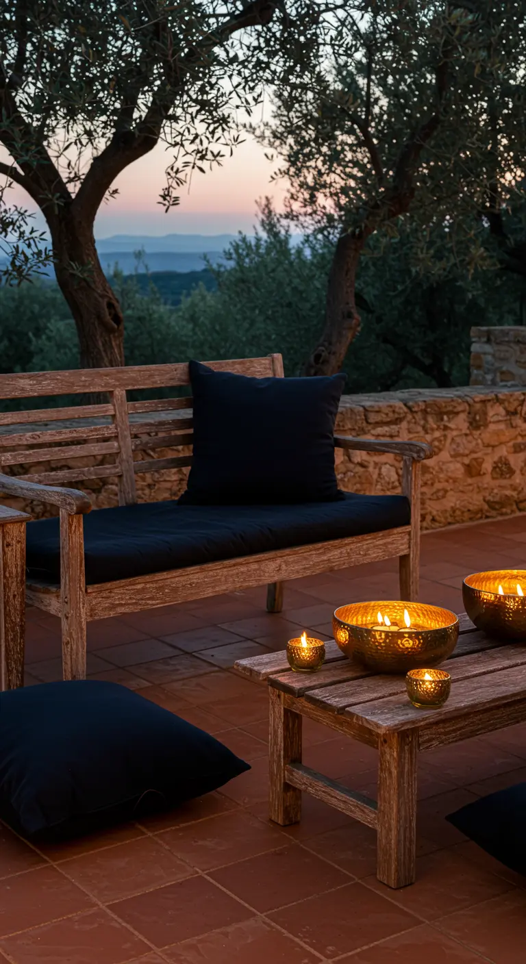 A rustic wooden bench with black cushions on a terracotta patio, lit by hammered gold candle bowls.