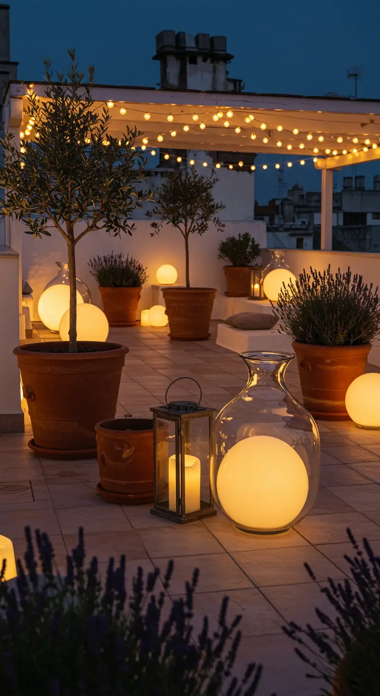 A Mediterranean rooftop terrace with terracotta pots, olive trees, string lights, and scattered glowing orbs.
