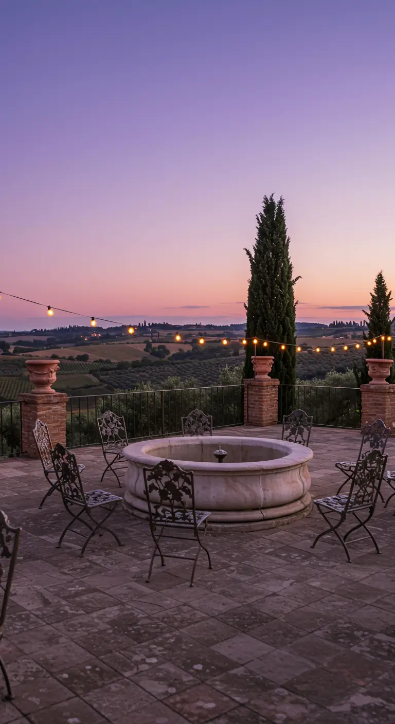 Wrought-iron chairs circle a fountain on a Tuscan terrace at dusk, under string lights.