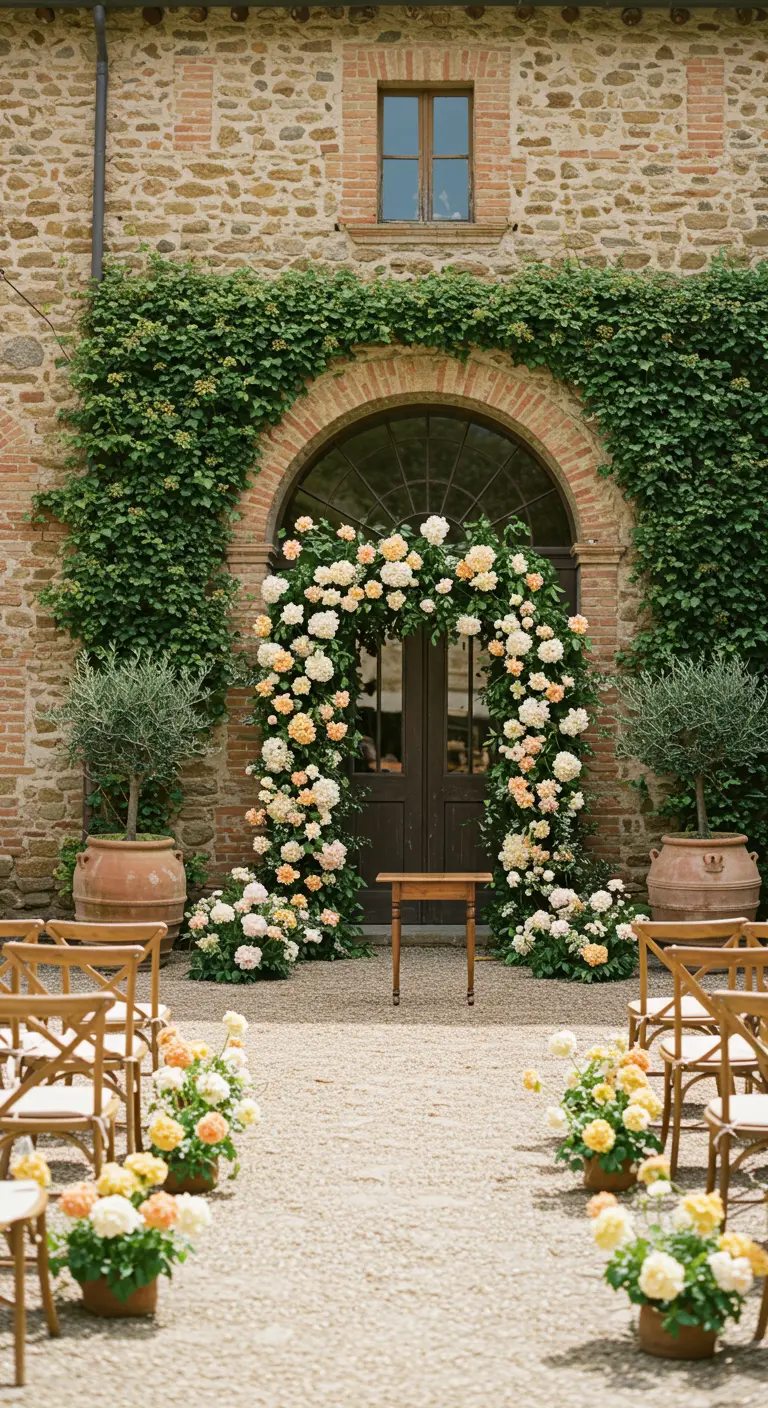 An arched doorway on a stone villa, framed with white and peach peonies.