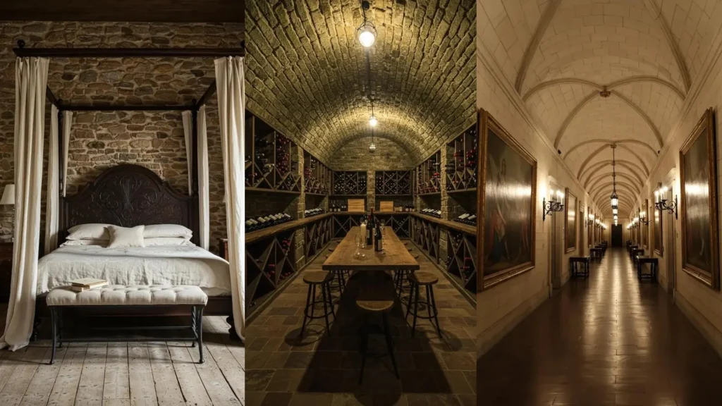 Tuscan villa bedroom with rustic stone walls, warm wooden bed, and a wrought iron bench.