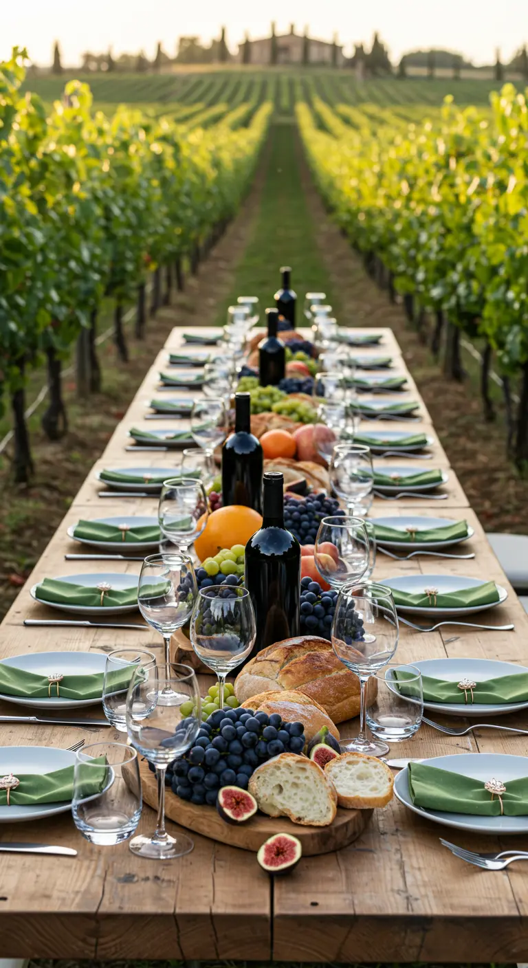 A long table in a vineyard, laden with bread, grapes, and wine bottles.