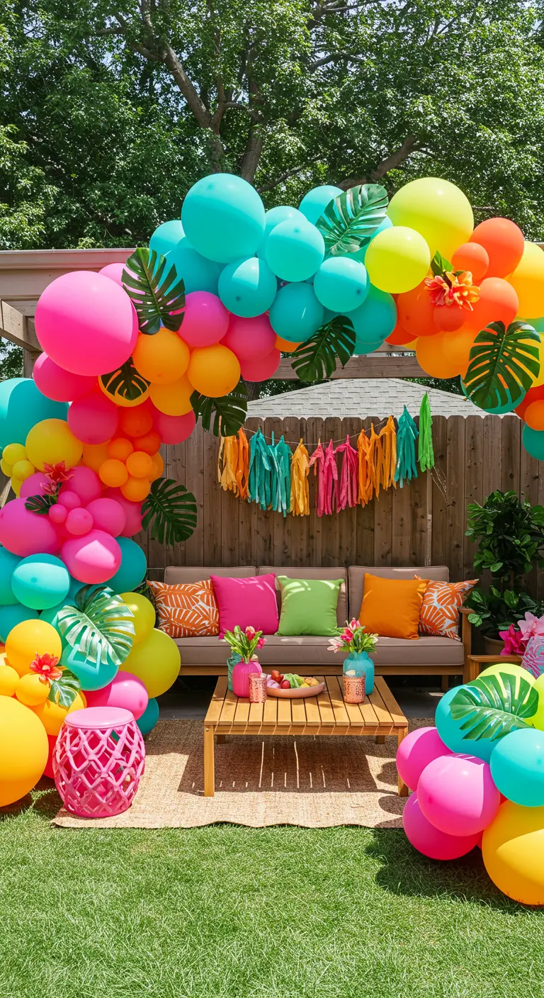 A vibrant tropical balloon arch with pink, teal, and orange balloons for a backyard party.