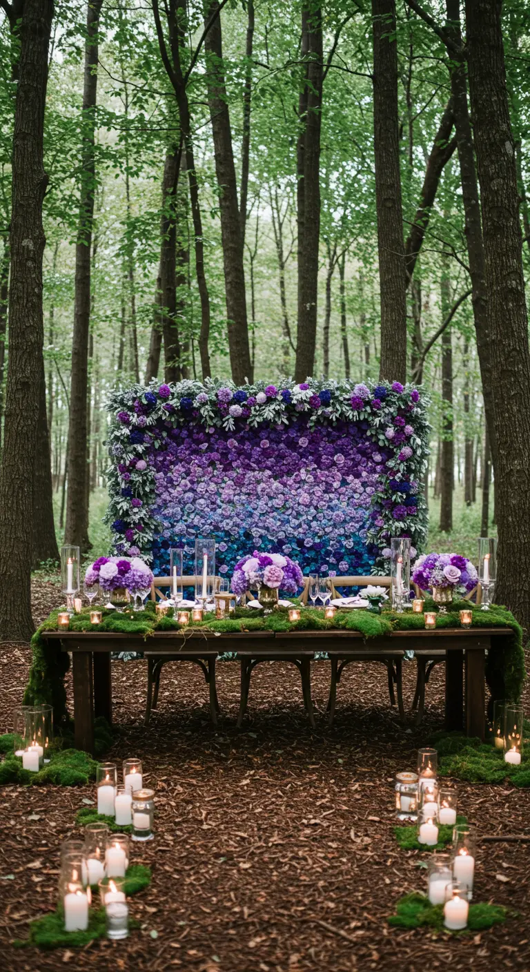 An ombré flower wall of purple and blue hydrangeas behind a wedding table in a forest.