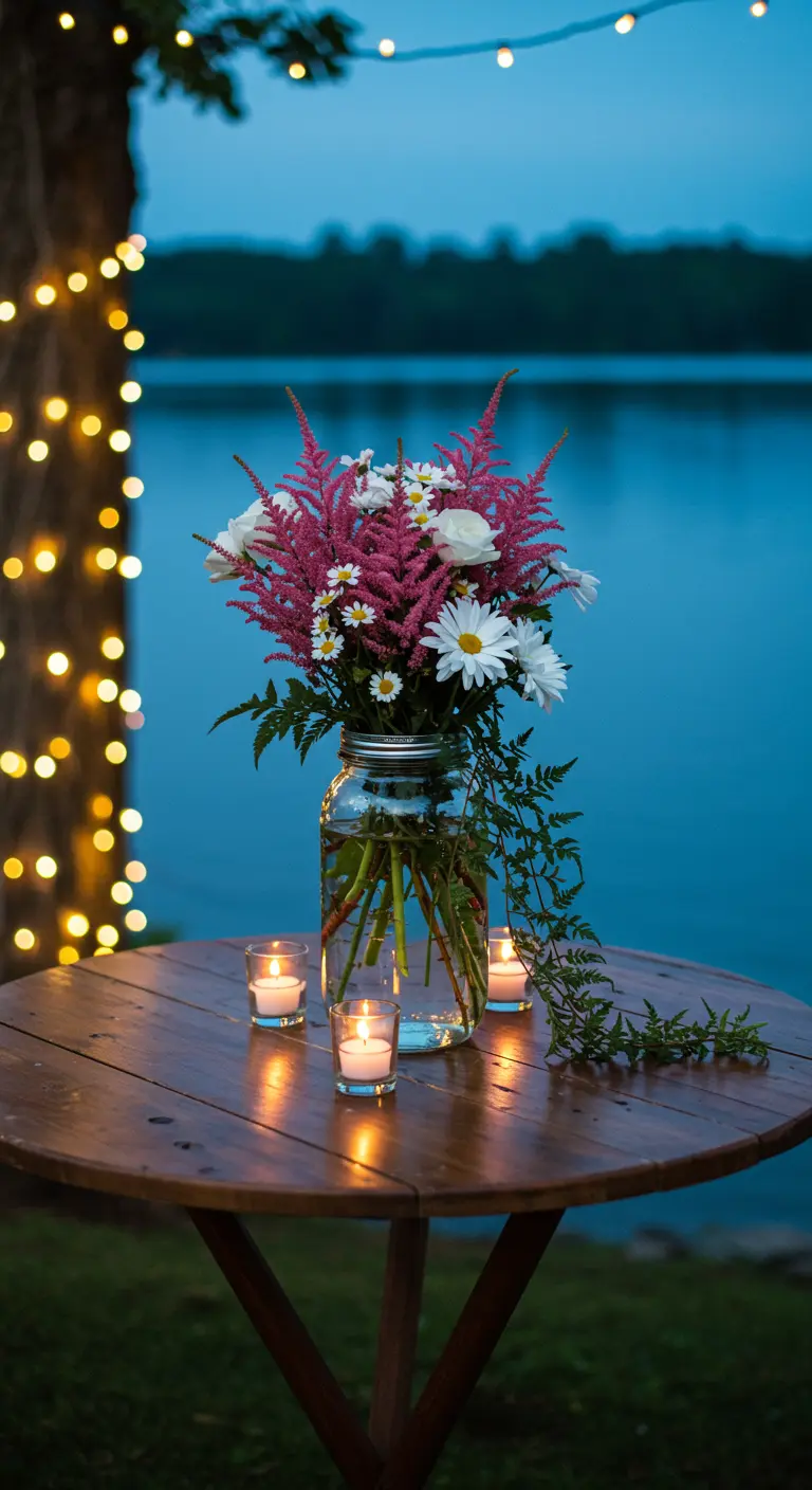 Mason jar with pink and white wildflowers on a lakeside table at dusk, surrounded by candles.