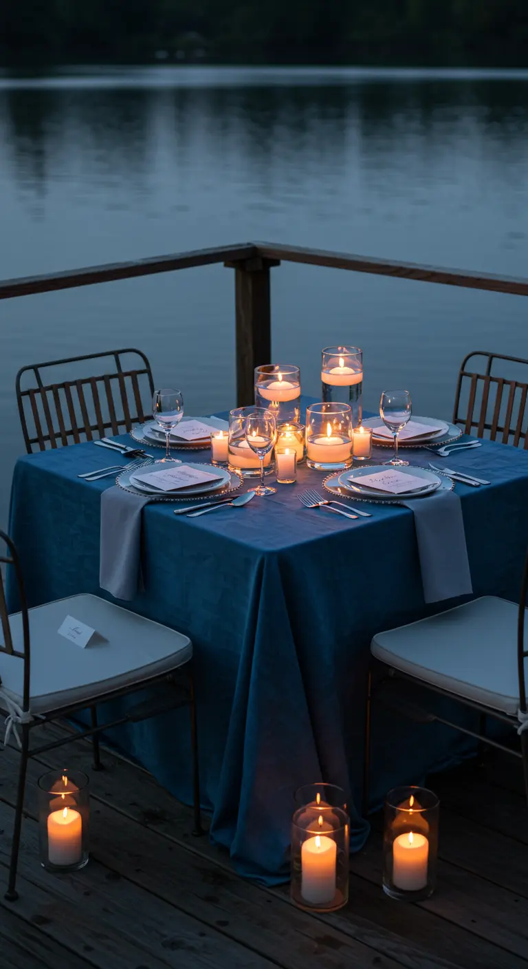 A romantic lakeside table at dusk, with a deep blue tablecloth and a cluster of glowing candles.