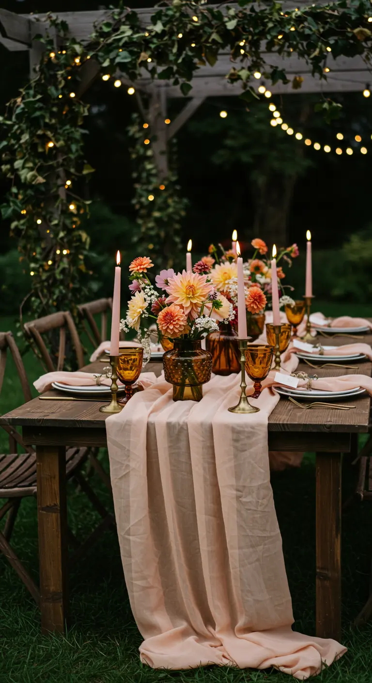 Evening garden party table with amber glasses, tall pink candles, and dahlia centerpieces.