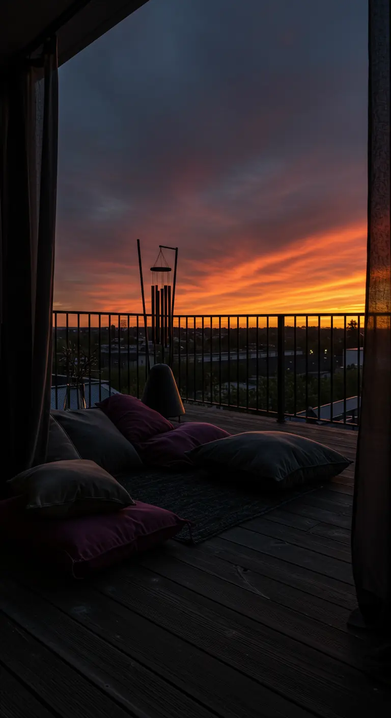 Dark wood balcony with deep purple pillows and a modern black wind chime.