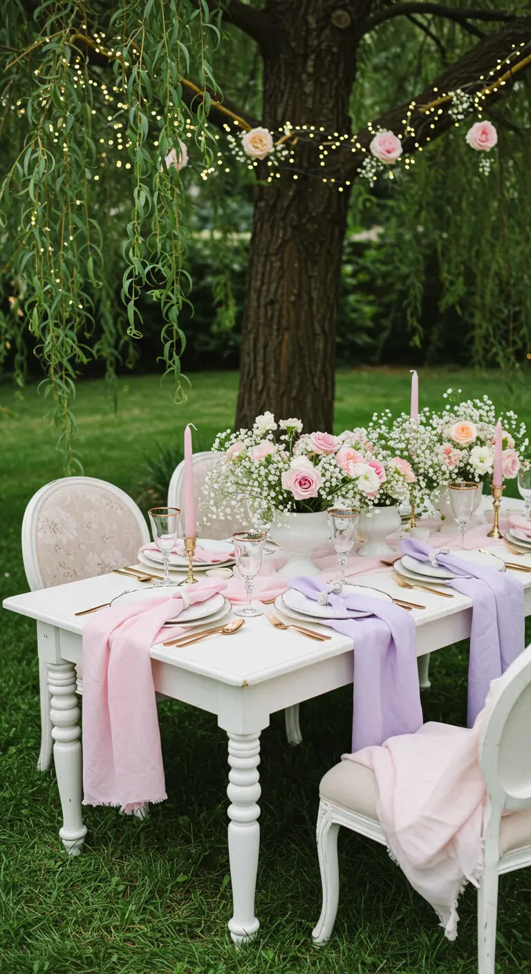 Outdoor garden party table with pink and lavender decor under fairy lights.