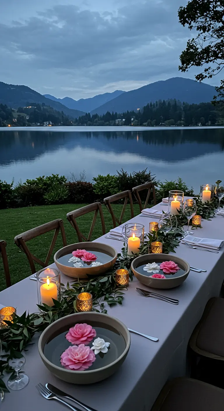 Outdoor dining table at dusk with bowls of floating pink flowers and candles.