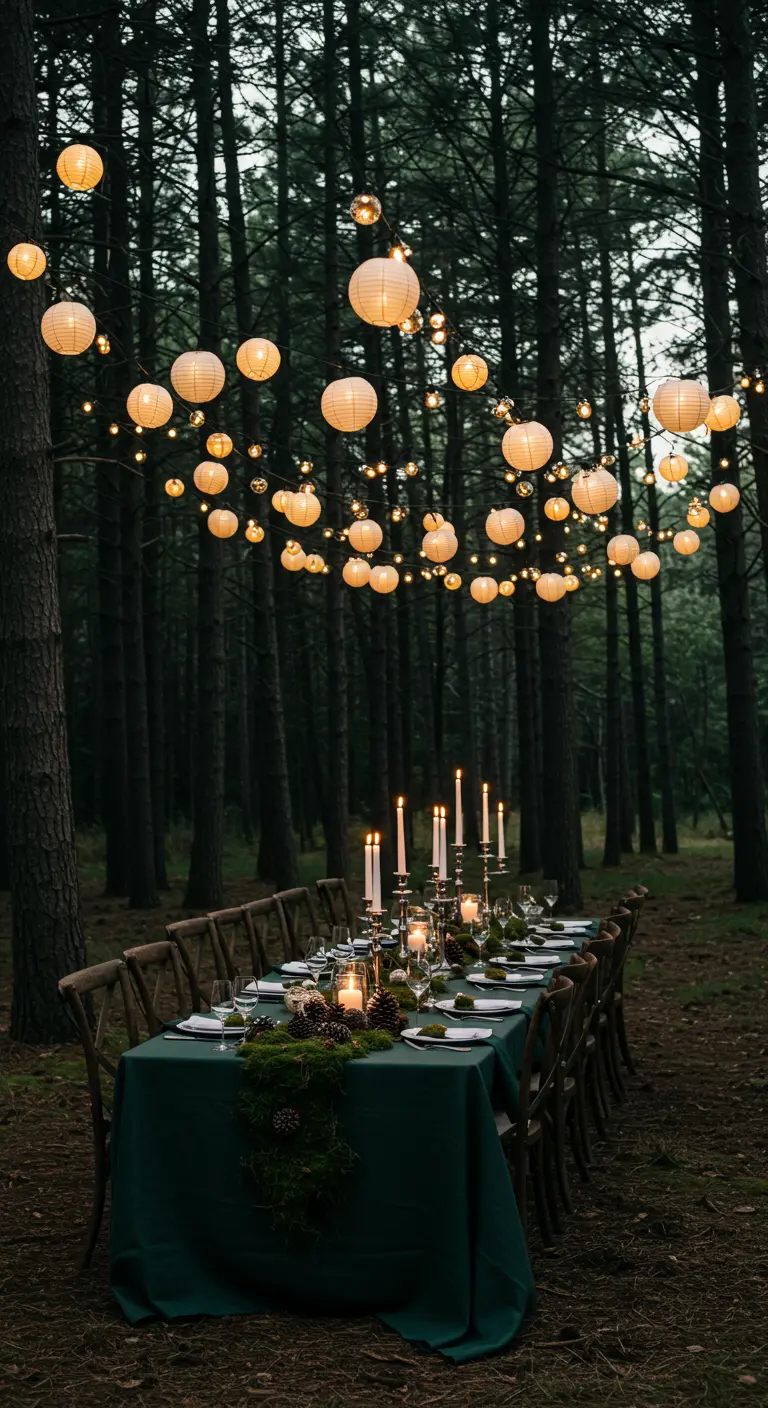 Long table in a dark forest with a green tablecloth, candles, and hanging paper lanterns.