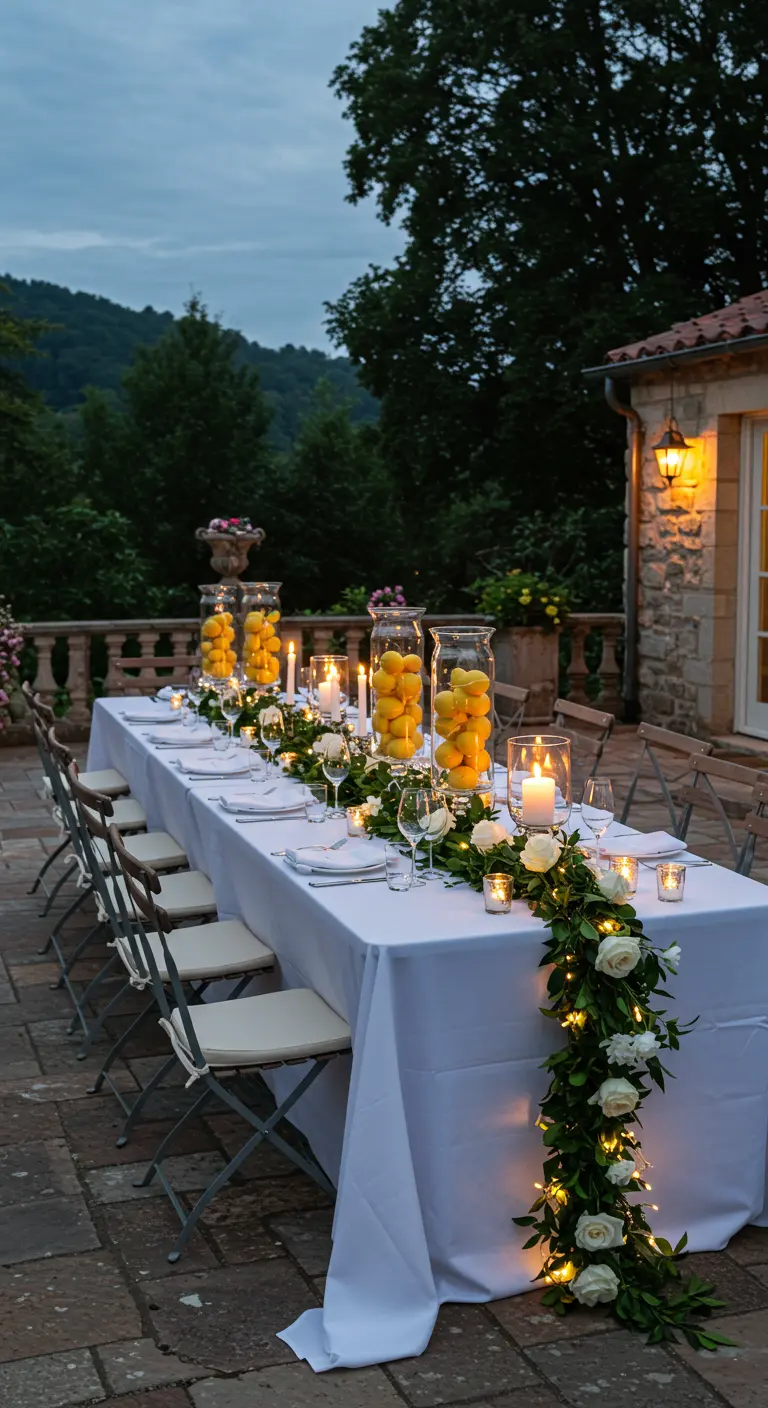 An evening patio table with a garland of white roses and lemons illuminated by fairy lights.