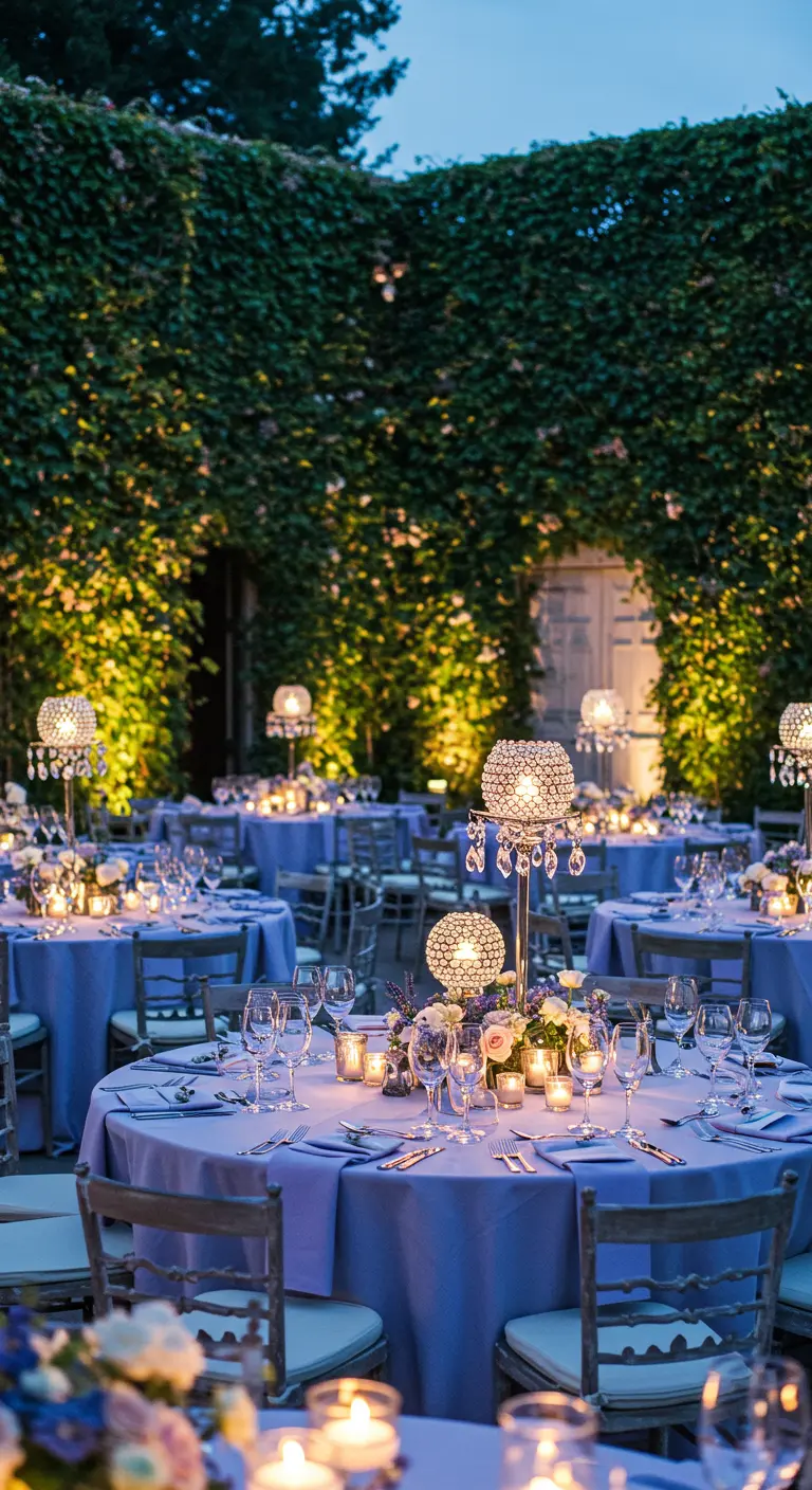Outdoor evening reception with periwinkle tablecloths and glowing crystal globe centerpieces.