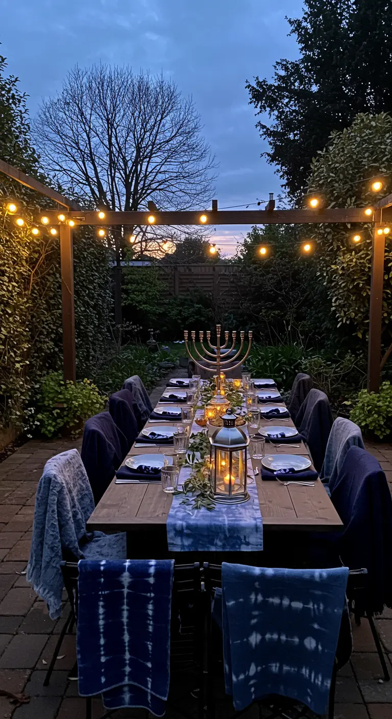 An outdoor Hanukkah dinner party at twilight with string lights and blue throws on chairs.