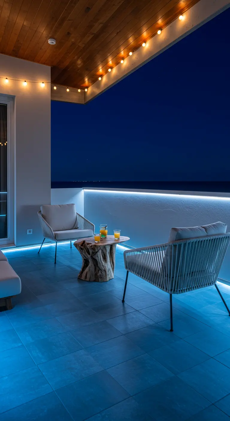 A balcony at night with blue floor tiles, lit by LED strips under the railing and overhead string lights.