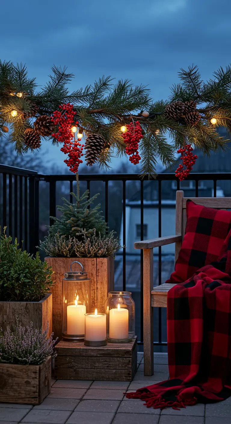 Cozy winter balcony with pine garland, red berries, candles, and a red plaid blanket.