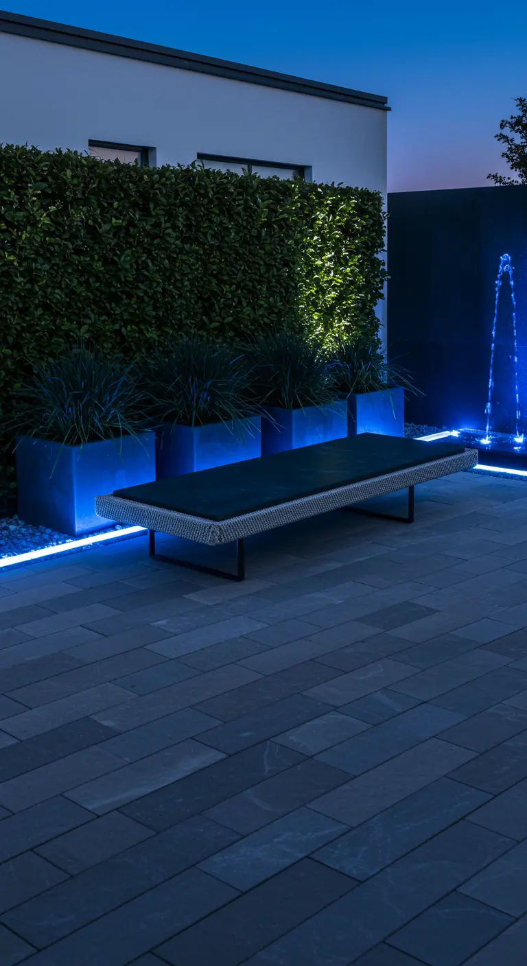 A modern bench with woven seat and planters, illuminated by dramatic blue and white LED lights at night.