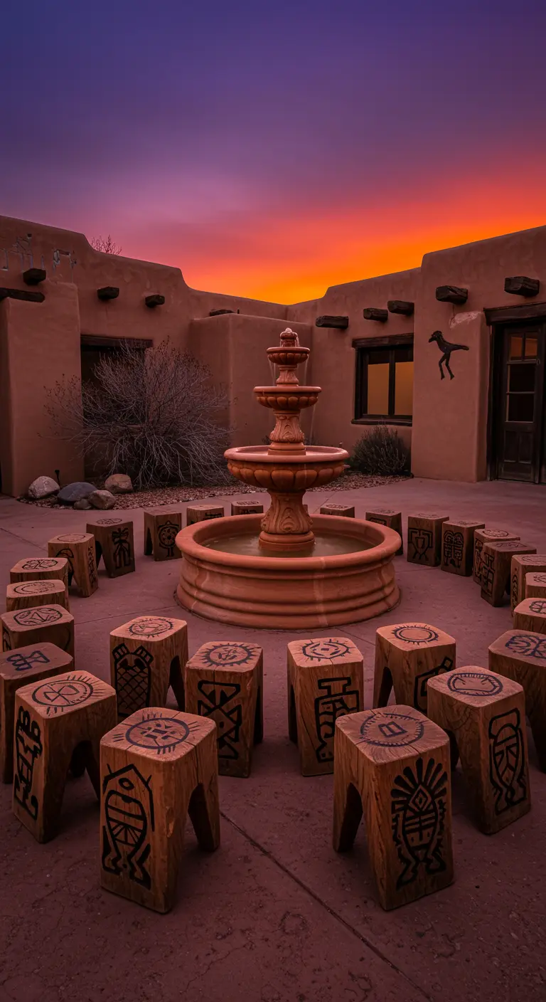 Wooden cube stools with painted tribal patterns around a terracotta fountain in a Southwestern courtyard at sunset.