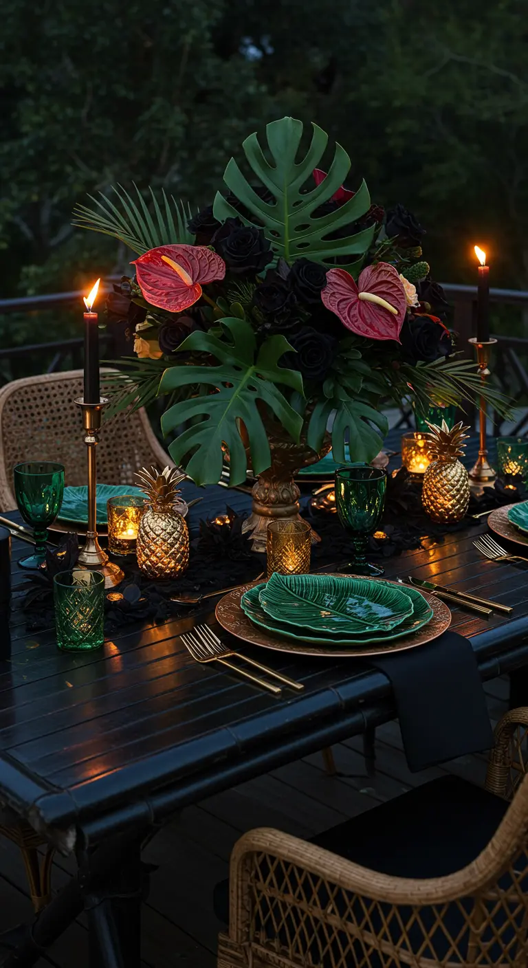 Moody outdoor table with dark tropical flowers, green leaf plates, and gold pineapple decor.