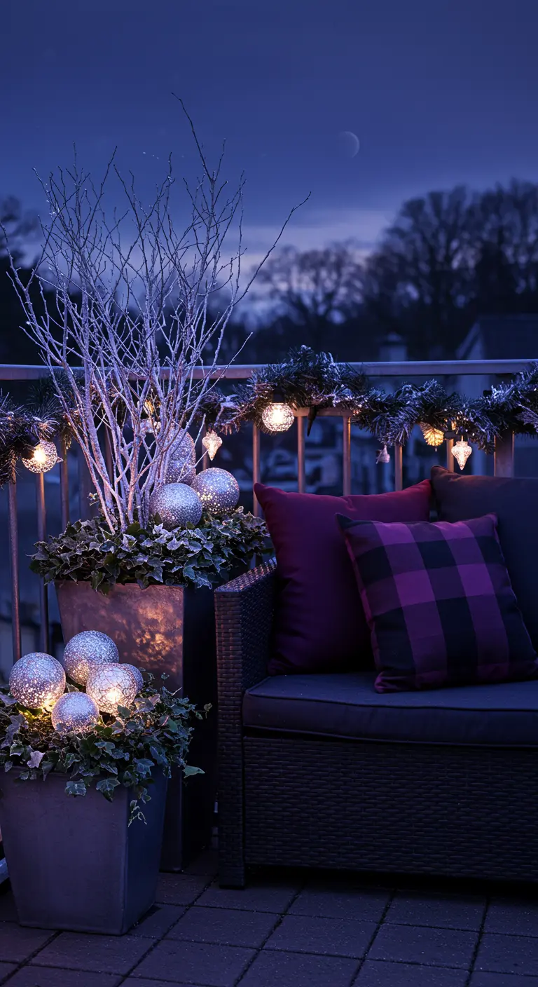 Balcony at twilight with a dark sofa, purple plaid pillows, and planters with lit baubles.