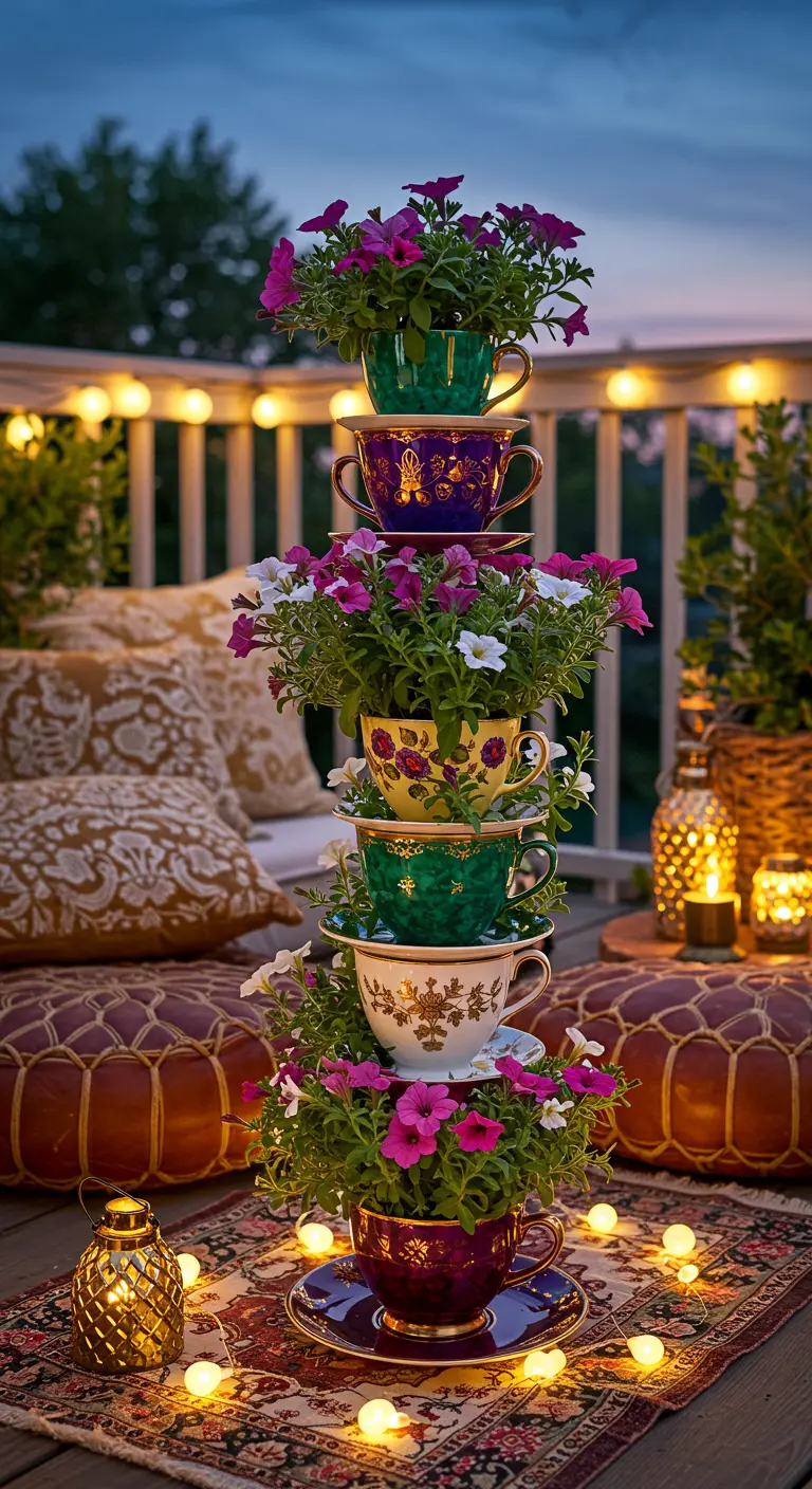Stack of jewel-toned teacups with pink flowers on a balcony illuminated by warm string lights.
