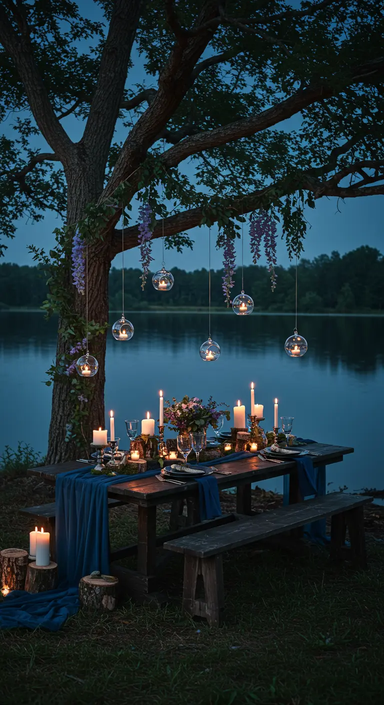 Lakeside dinner table at dusk with hanging candle orbs.