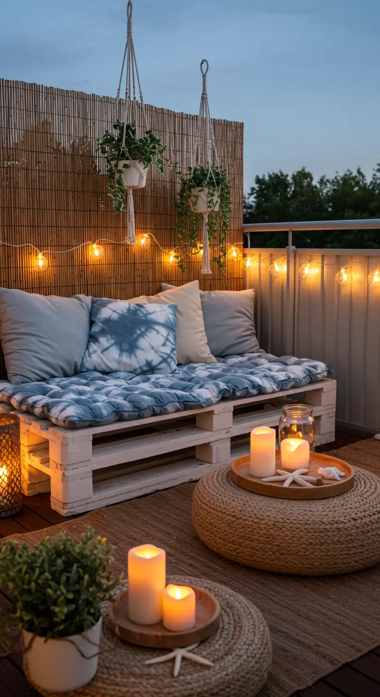 A DIY pallet sofa decorated with cushions, string lights, and candles on a balcony at dusk.