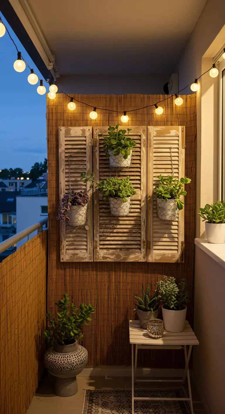 Three shutters on a balcony wall at dusk, illuminated by globe string lights.