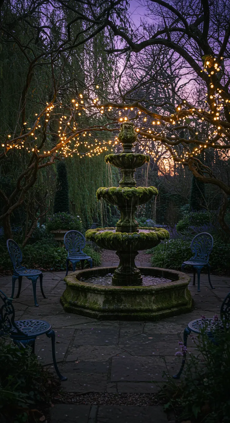 Mossy tiered fountain at dusk with string lights in trees above.