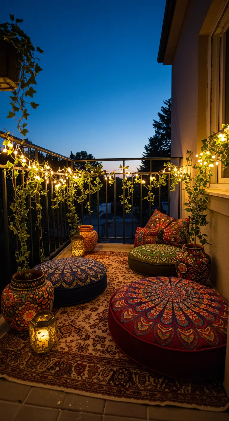 Balcony at dusk with fairy lights, floor cushions with mandala patterns, and glowing lanterns.