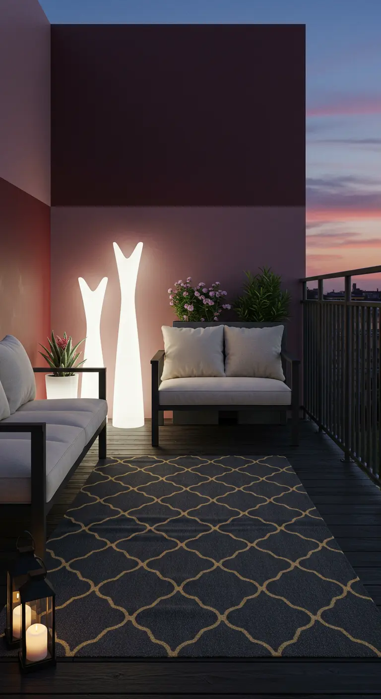 Moody balcony at dusk with a mauve wall, glowing white sculptural lamps, and dark furniture.