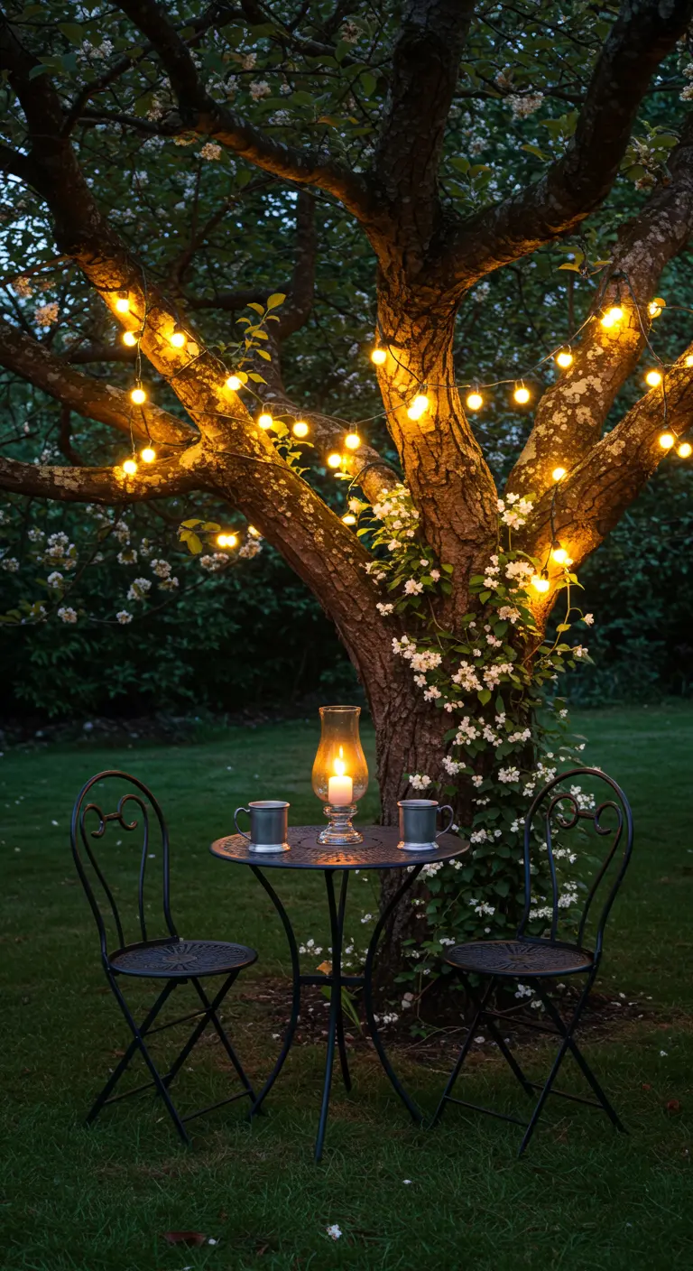 A black bistro set under a tree illuminated by warm string lights at dusk.