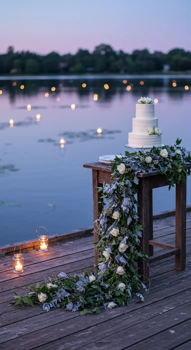 Wedding cake on a wooden dock at dusk with a garland of dusty miller and white roses.