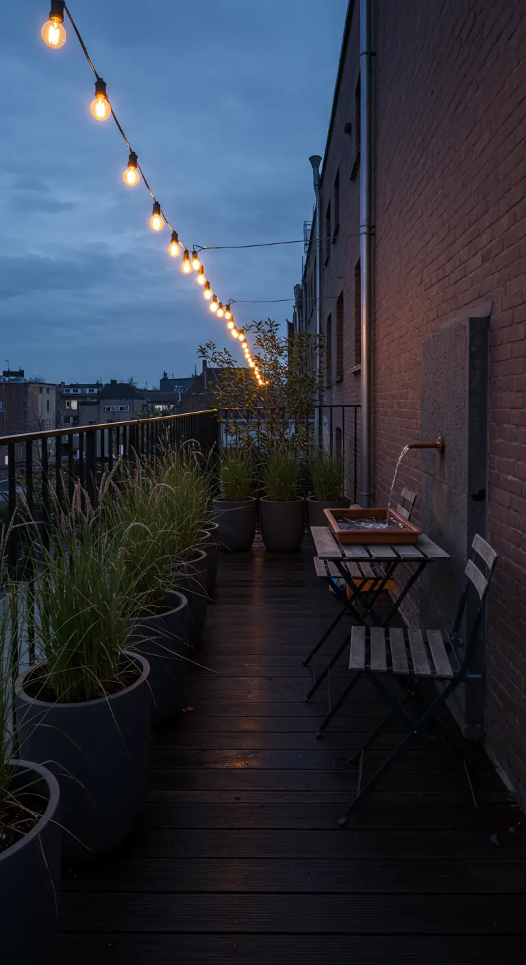 Modern balcony at dusk with dark wood floors, charcoal planters, and a single string of lights.
