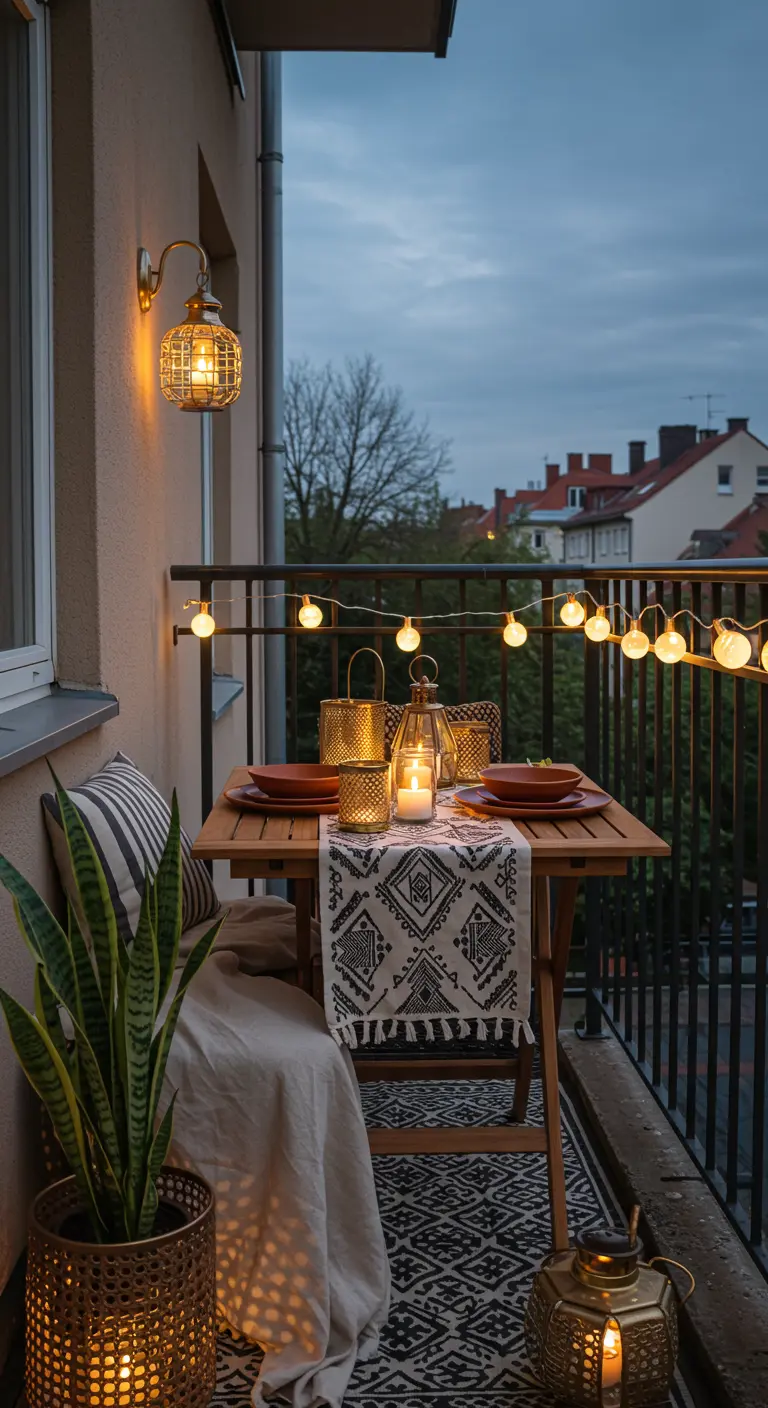 Small balcony table at dusk with gold lanterns and patterned textiles.