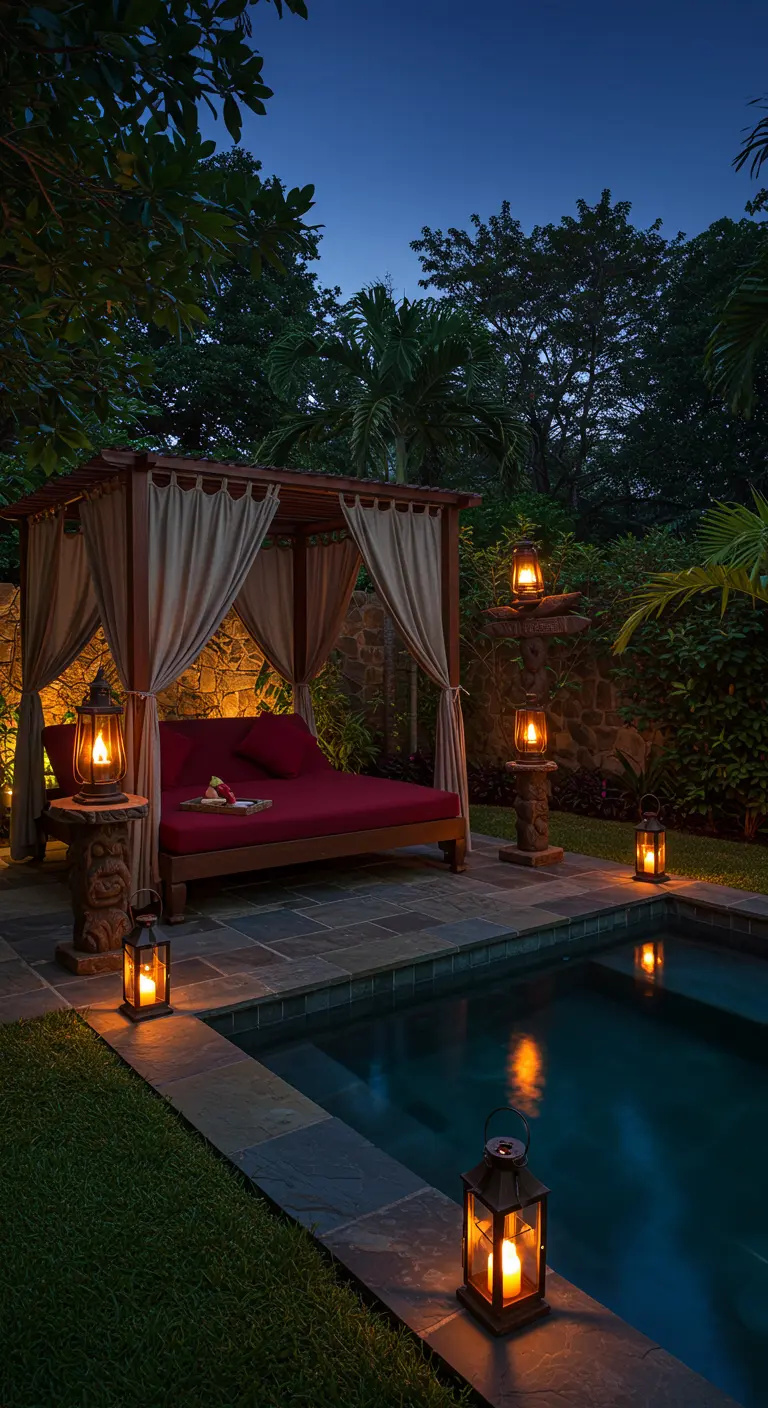 Teak daybed with red cushions and canopy next to a pool, lit by vintage-style lanterns.