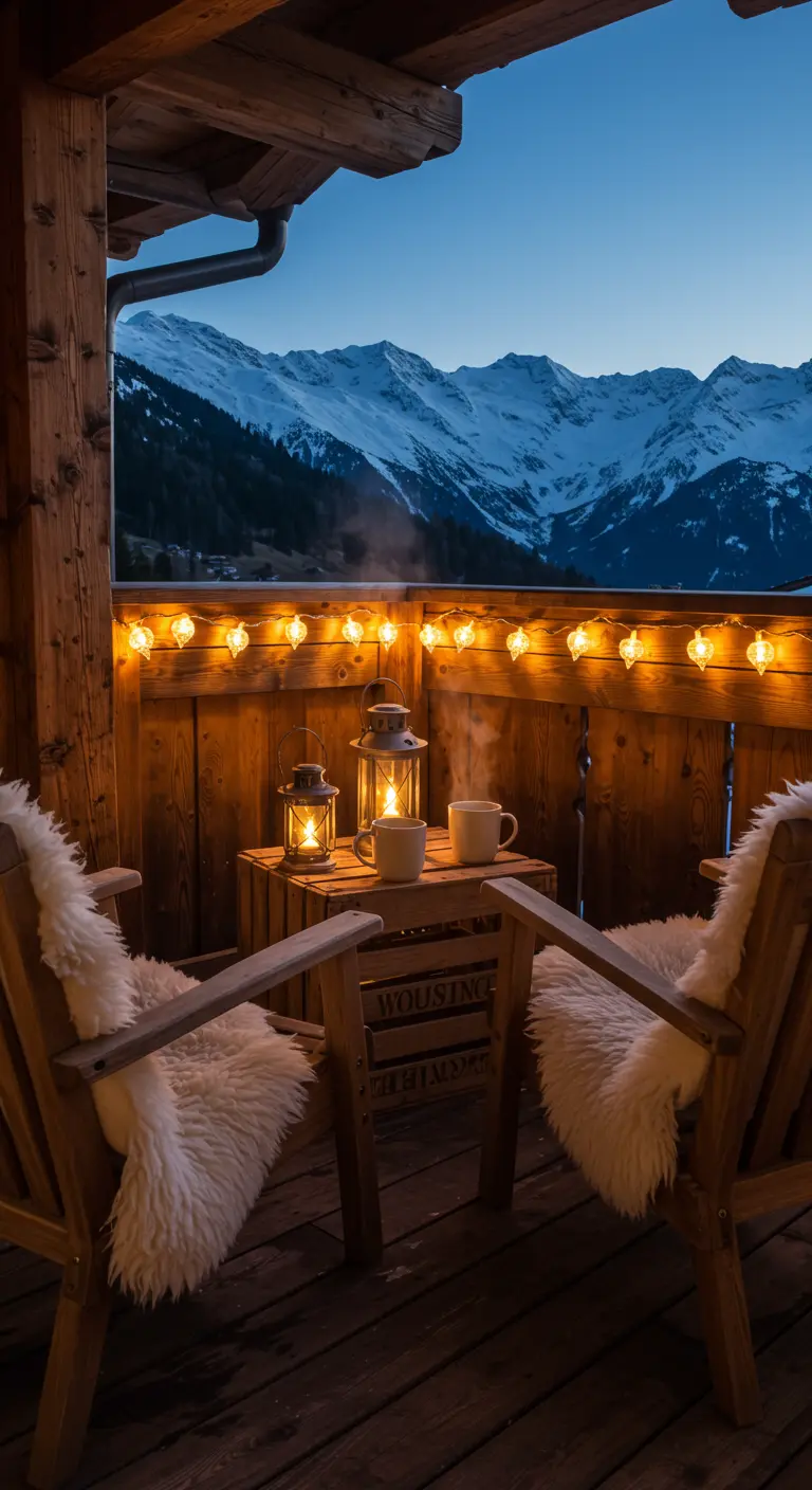Two wooden chairs with white faux fur throws facing a mountain view at dusk.