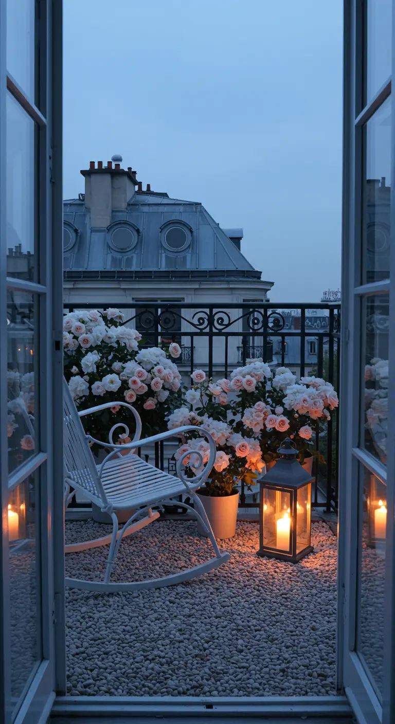 A white metal rocking chair on a pebble balcony at dusk, surrounded by soft pink and white roses.