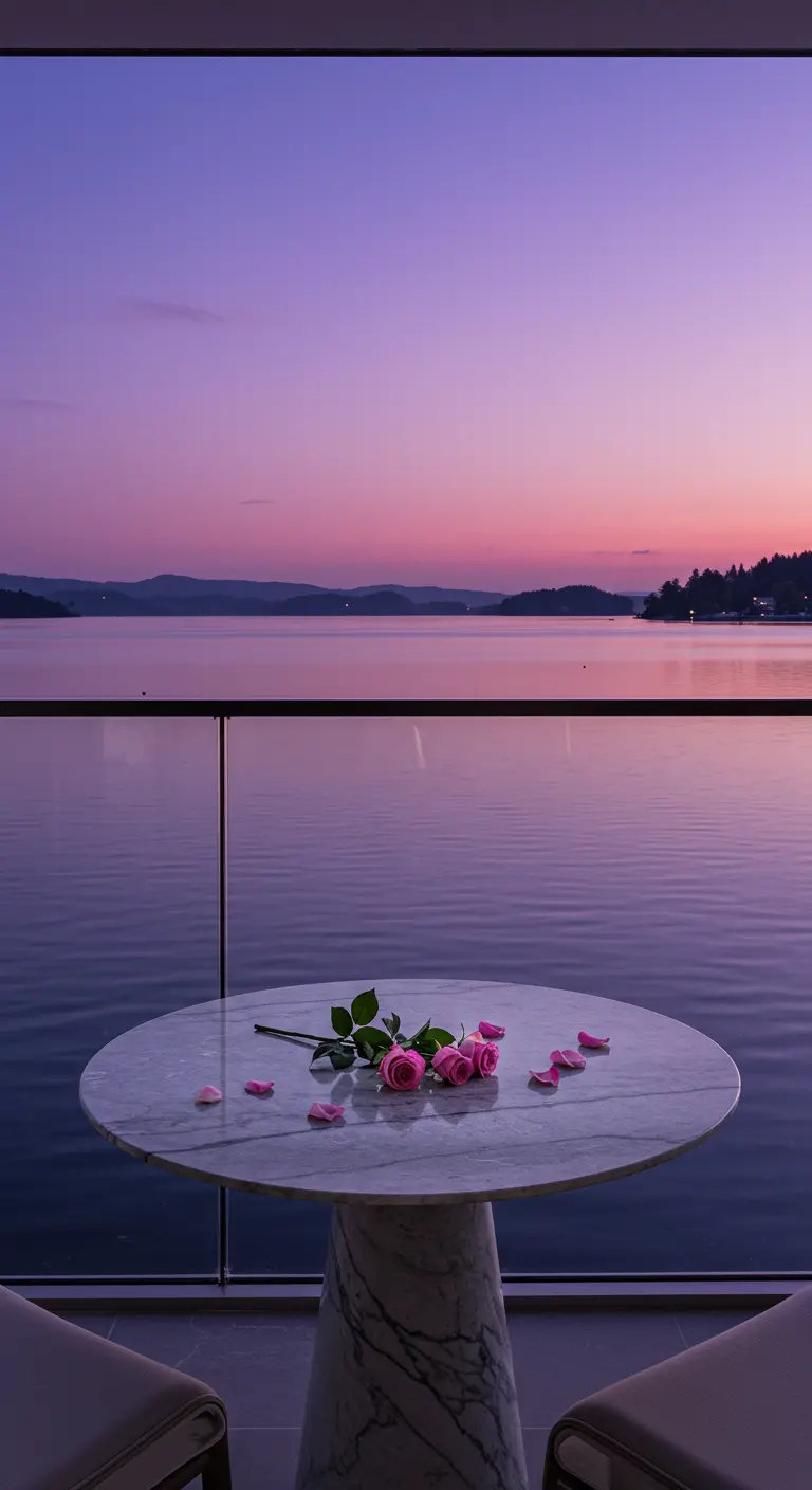 A round white marble table with three pink roses on it, overlooking a lake at sunset.