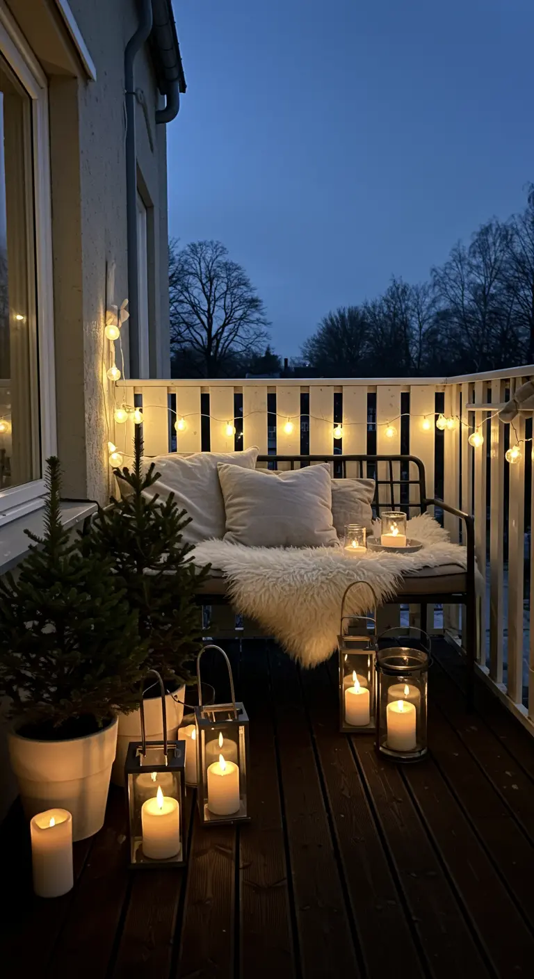 A cozy balcony with a white faux fur throw on a bench, surrounded by candles and string lights.