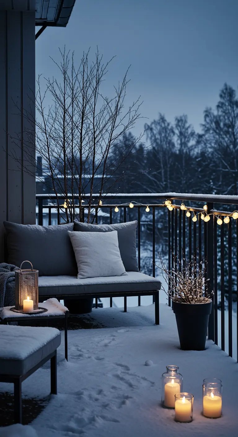 A modern balcony at dusk with a cozy sofa, string lights, and candles in the snow.