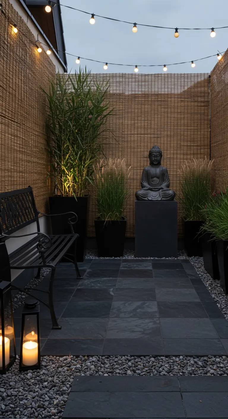 A serene Zen garden at dusk with a Buddha statue, bamboo fence, and string lights.